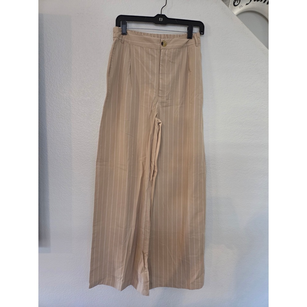 PrettyLittleThing Stone Poplin Pinstripe Tailored Wide Leg Trousers Beige US 6